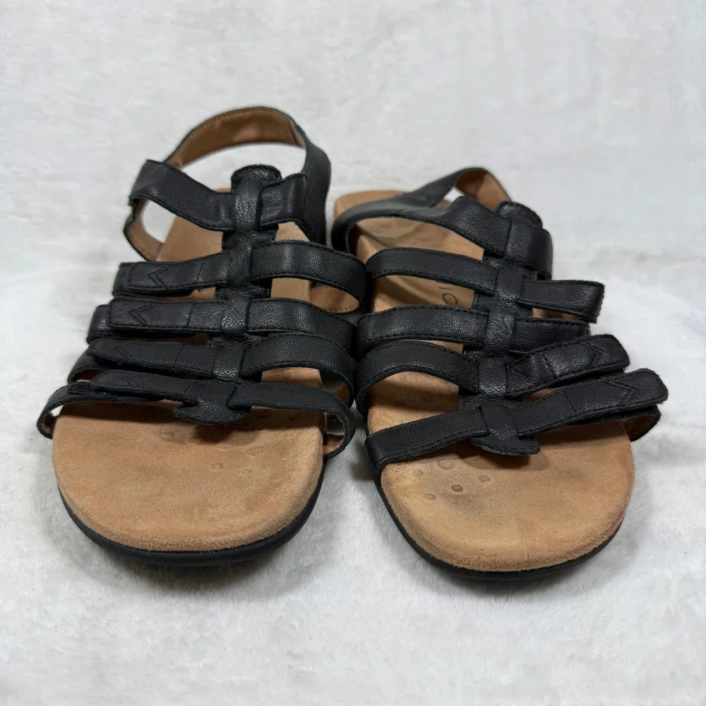 Vionic Amber Black Leather Adjustable Strappy Orthaheel Comfort Sandals Womens 9